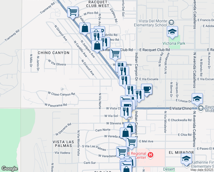 map of restaurants, bars, coffee shops, grocery stores, and more near 2160 North Junipero Avenue in Palm Springs