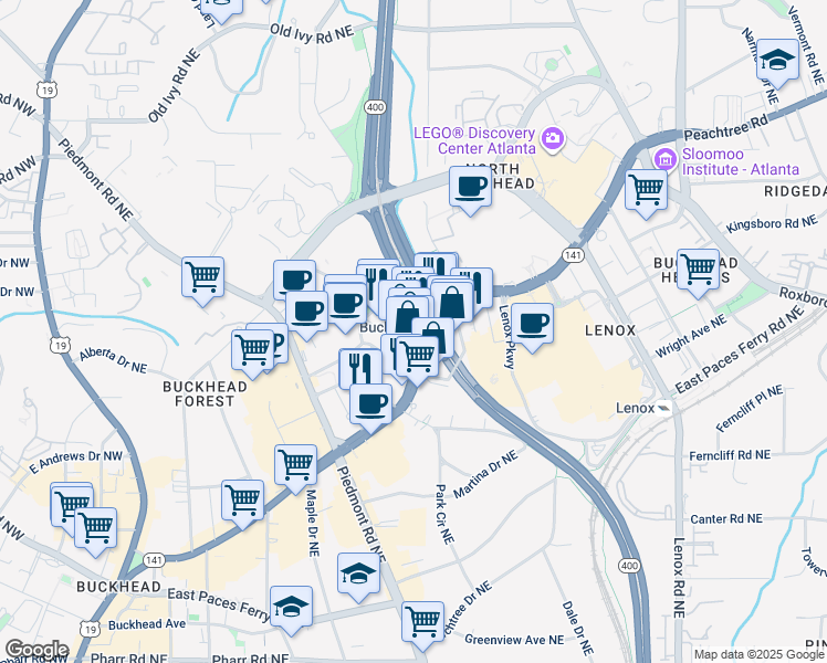 map of restaurants, bars, coffee shops, grocery stores, and more near 3350 Peachtree Road Northeast in Atlanta
