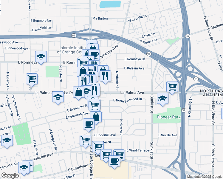 map of restaurants, bars, coffee shops, grocery stores, and more near 2201 East La Palma Avenue in Anaheim