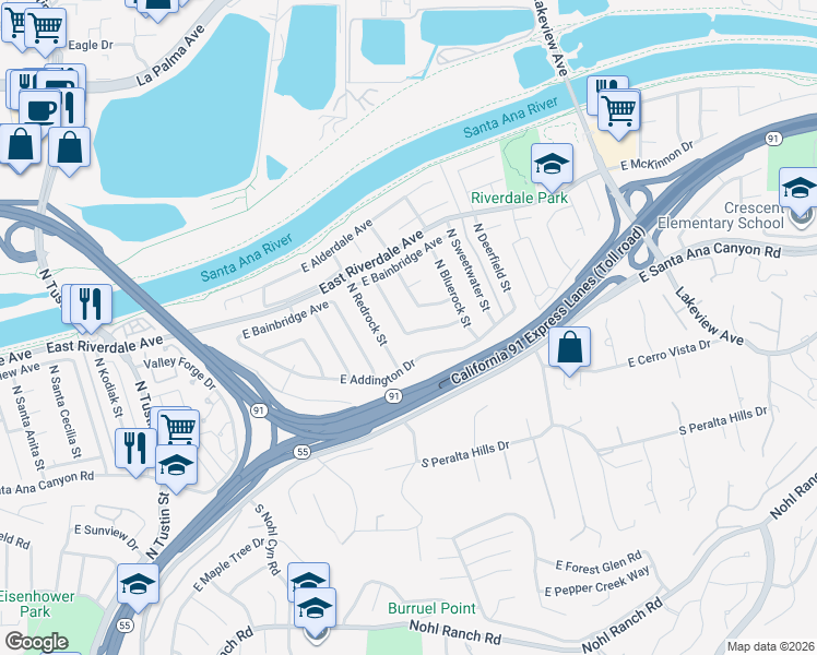 map of restaurants, bars, coffee shops, grocery stores, and more near 4319 East Elkstone Avenue in Anaheim