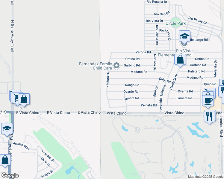 map of restaurants, bars, coffee shops, grocery stores, and more near 67130 Ovante Road in Cathedral City