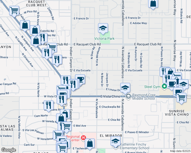 map of restaurants, bars, coffee shops, grocery stores, and more near 1972 North Vía Miraleste in Palm Springs