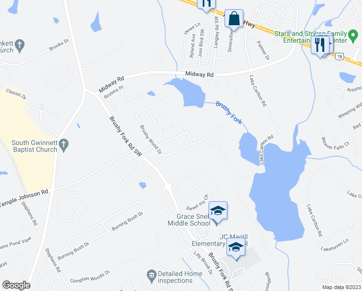 map of restaurants, bars, coffee shops, grocery stores, and more near 3750 Brushy Wood Drive in Loganville
