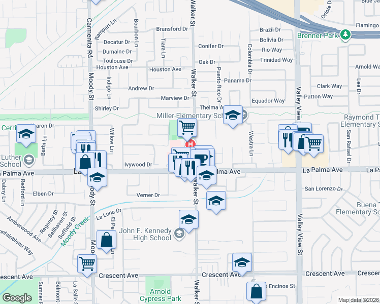 map of restaurants, bars, coffee shops, grocery stores, and more near 7901 Walker Street in La Palma