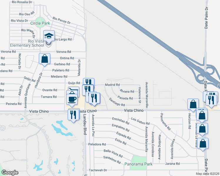 map of restaurants, bars, coffee shops, grocery stores, and more near 68215 Pasada Road in Cathedral City