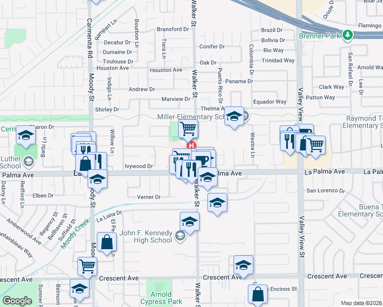 map of restaurants, bars, coffee shops, grocery stores, and more near 7901 Walker Street in La Palma
