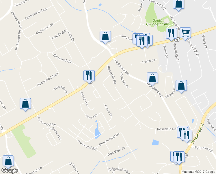 map of restaurants, bars, coffee shops, grocery stores, and more near 2238 Clairmont Circle Southwest in Snellville