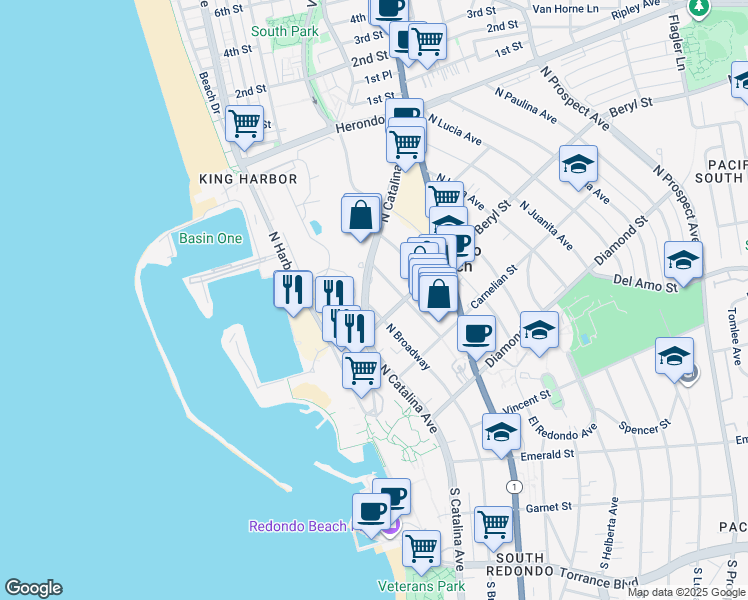 map of restaurants, bars, coffee shops, grocery stores, and more near 516 North Broadway in Redondo Beach