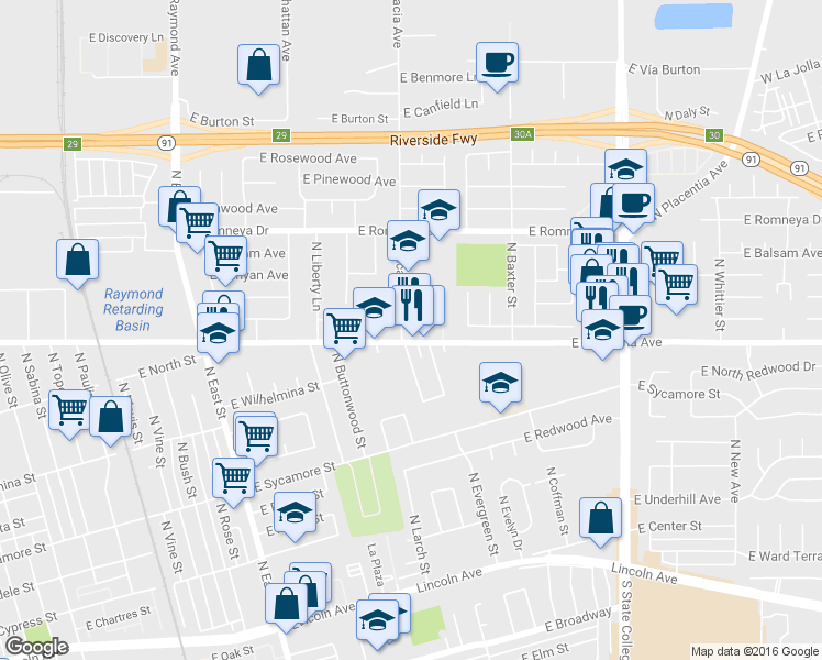 map of restaurants, bars, coffee shops, grocery stores, and more near 1505 East La Palma Avenue in Anaheim