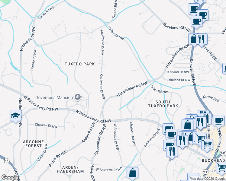 map of restaurants, bars, coffee shops, grocery stores, and more near 3358 Habersham Road Northwest in Atlanta