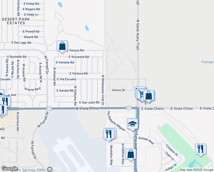 map of restaurants, bars, coffee shops, grocery stores, and more near 2030 North Whitewater Club Drive in Palm Springs