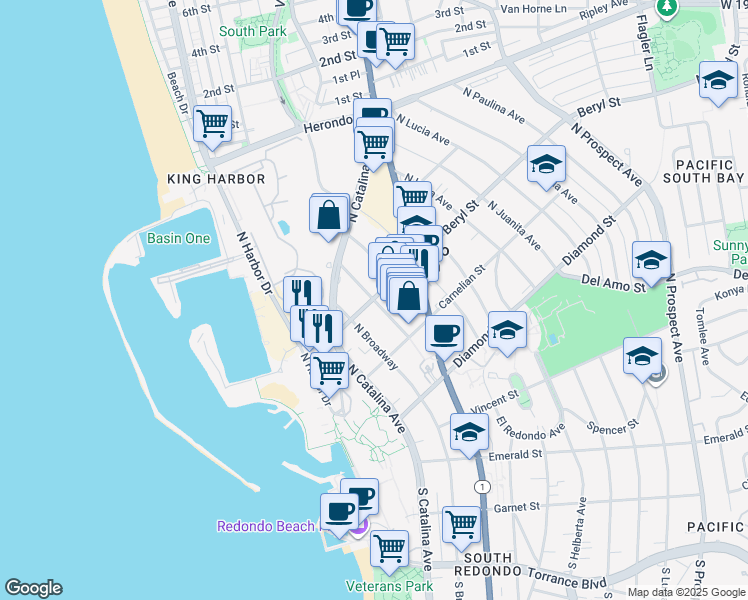 map of restaurants, bars, coffee shops, grocery stores, and more near Beryl Street & North Elena Avenue in Redondo Beach