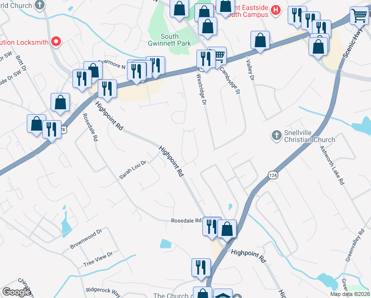 map of restaurants, bars, coffee shops, grocery stores, and more near 2891 Spruce Circle in Snellville