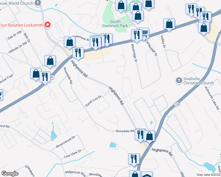 map of restaurants, bars, coffee shops, grocery stores, and more near 2343 Murell Road in Snellville