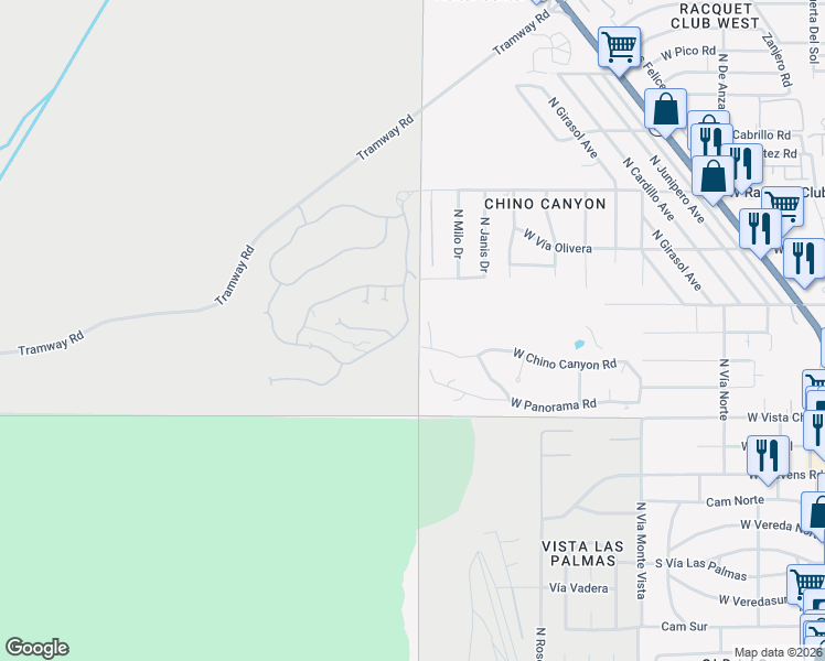 map of restaurants, bars, coffee shops, grocery stores, and more near 2065 Vista Palizada Drive in Palm Springs