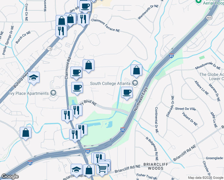 map of restaurants, bars, coffee shops, grocery stores, and more near 2164 Medfield Trail Northeast in Atlanta