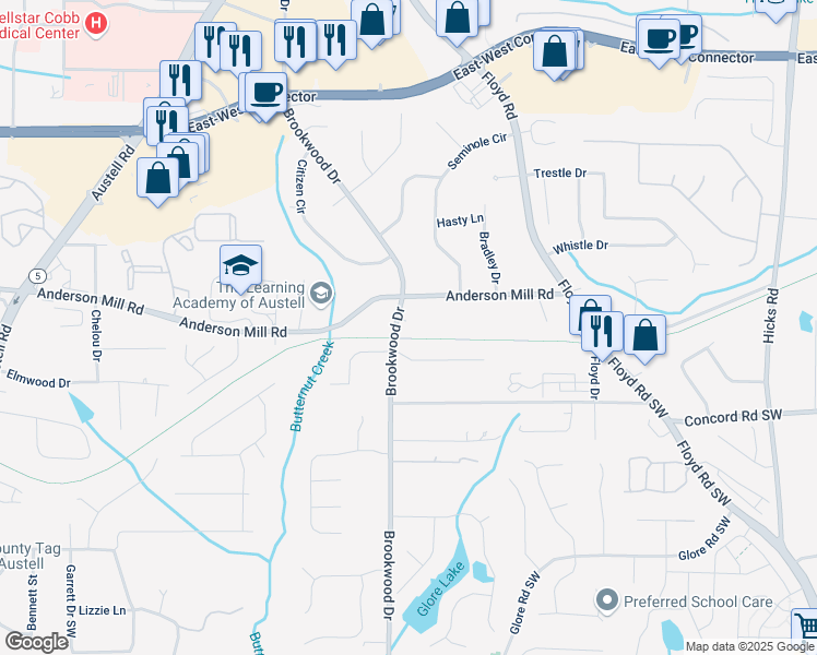 map of restaurants, bars, coffee shops, grocery stores, and more near 4341 Brookwood Drive in Austell