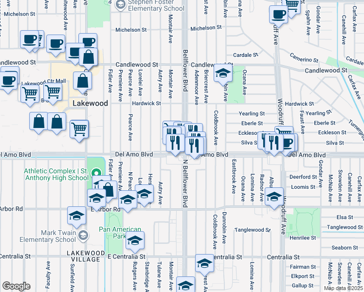map of restaurants, bars, coffee shops, grocery stores, and more near 2239 Del Amo Boulevard in Lakewood