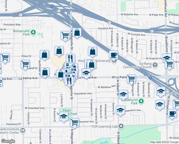 map of restaurants, bars, coffee shops, grocery stores, and more near 2535 West La Palma Avenue in Anaheim