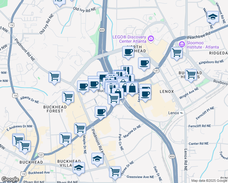 map of restaurants, bars, coffee shops, grocery stores, and more near 3350 Peachtree Road Northeast in Atlanta