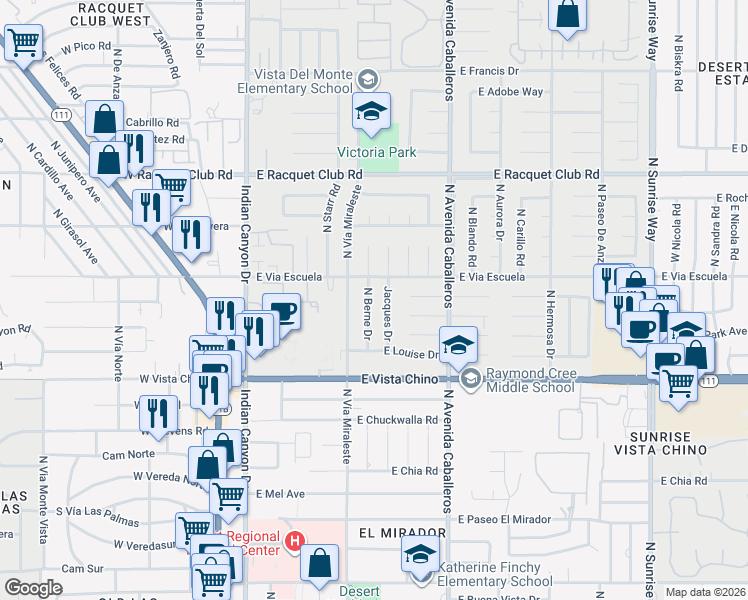 map of restaurants, bars, coffee shops, grocery stores, and more near 1975 Jacques Drive in Palm Springs