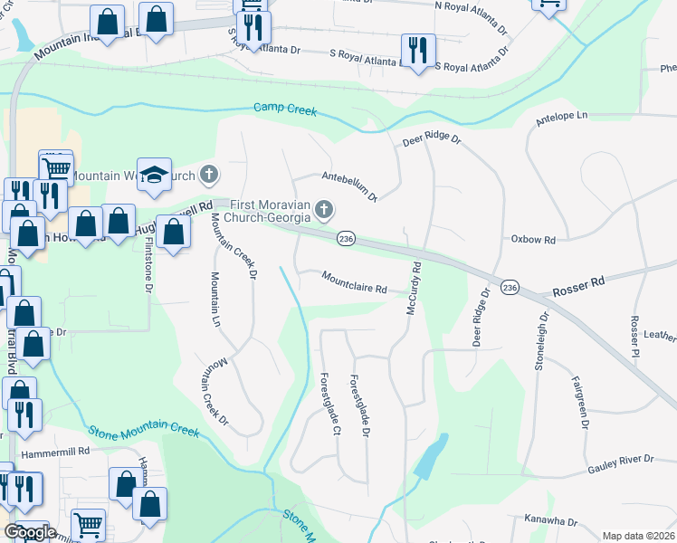 map of restaurants, bars, coffee shops, grocery stores, and more near 4956 Mountclaire Road in Stone Mountain