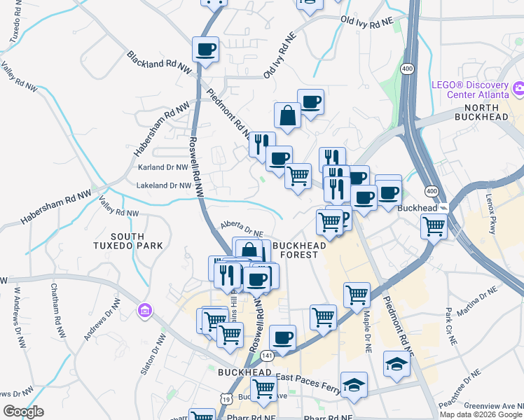 map of restaurants, bars, coffee shops, grocery stores, and more near Alberta Terrace Northeast in Atlanta