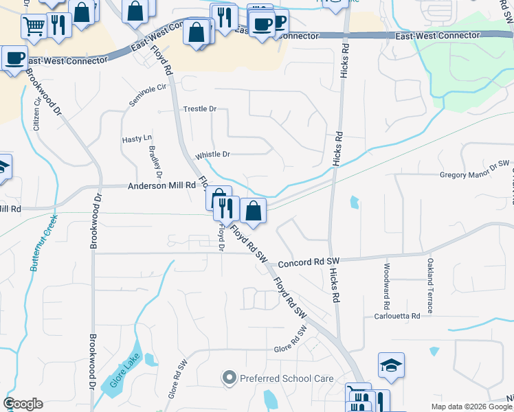 map of restaurants, bars, coffee shops, grocery stores, and more near 976 Bates Road in Austell