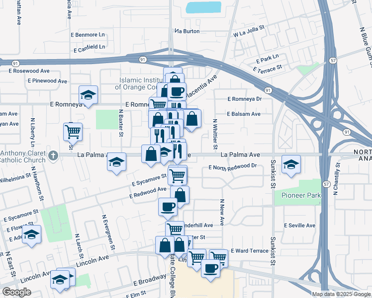 map of restaurants, bars, coffee shops, grocery stores, and more near 2011 East La Palma Avenue in Anaheim