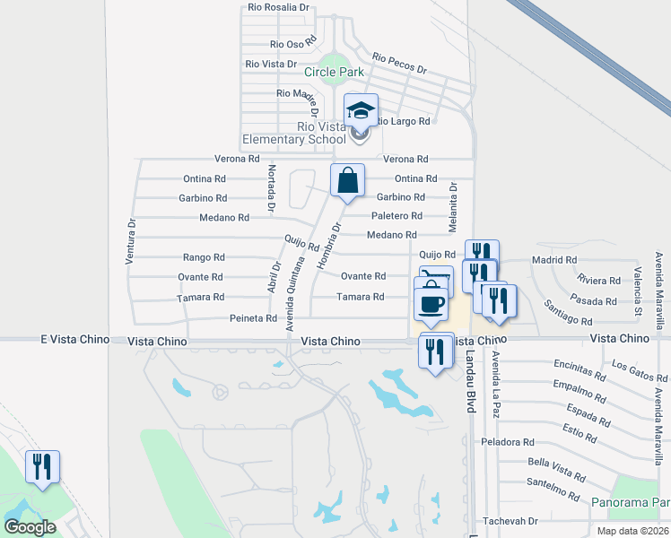 map of restaurants, bars, coffee shops, grocery stores, and more near 67640 Ovante Road in Cathedral City