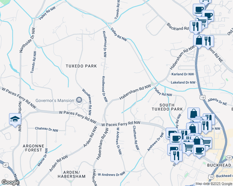 map of restaurants, bars, coffee shops, grocery stores, and more near 3370 Habersham Road Northwest in Atlanta