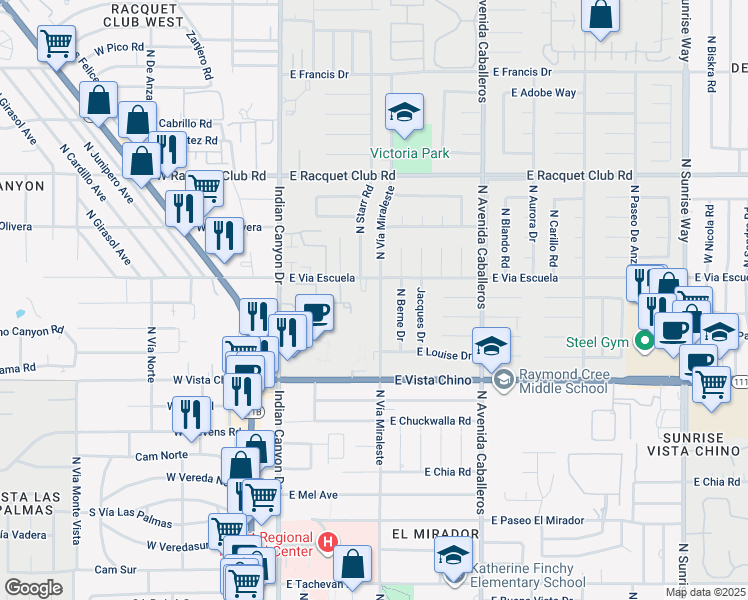 map of restaurants, bars, coffee shops, grocery stores, and more near 1972 North Vía Miraleste in Palm Springs