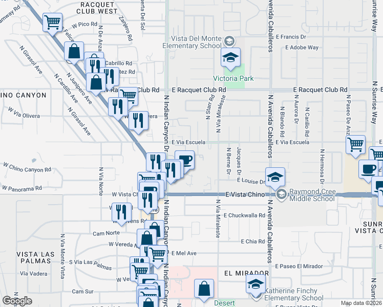 map of restaurants, bars, coffee shops, grocery stores, and more near 2001 North Indian Canyon Drive in Palm Springs