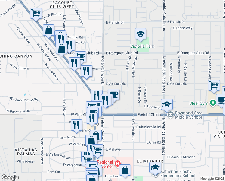 map of restaurants, bars, coffee shops, grocery stores, and more near 2001 North Indian Canyon Drive in Palm Springs