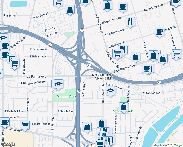 map of restaurants, bars, coffee shops, grocery stores, and more near 2705 East La Palma Avenue in Anaheim