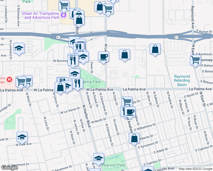 map of restaurants, bars, coffee shops, grocery stores, and more near in Anaheim