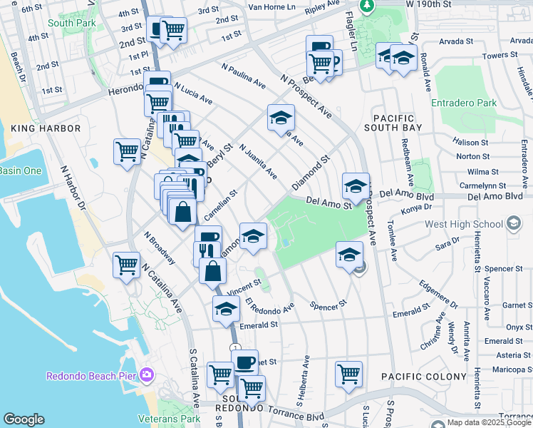 map of restaurants, bars, coffee shops, grocery stores, and more near 502 North Helberta Avenue in Redondo Beach