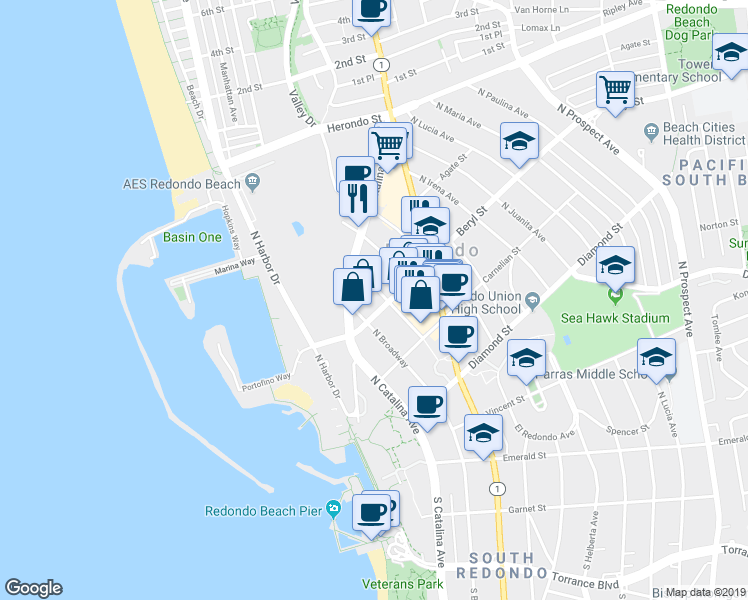 map of restaurants, bars, coffee shops, grocery stores, and more near 220 Beryl Street in Redondo Beach