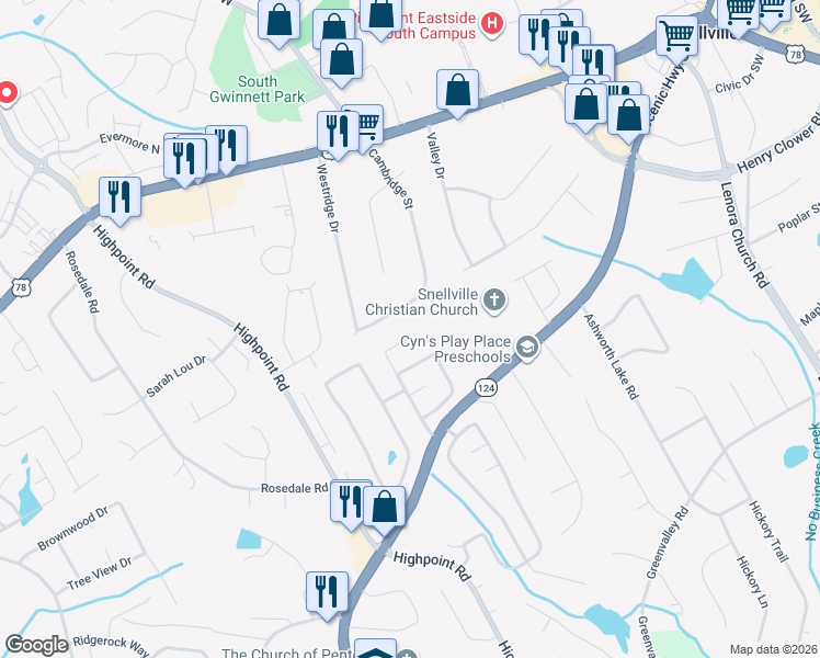 map of restaurants, bars, coffee shops, grocery stores, and more near 2295 Skylars Mill Way in Snellville
