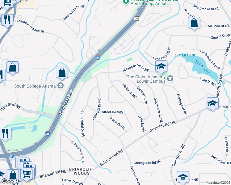 map of restaurants, bars, coffee shops, grocery stores, and more near 2208 Abby Lane Northeast in Atlanta