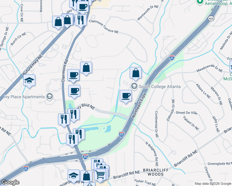 map of restaurants, bars, coffee shops, grocery stores, and more near 2577 Century Parkway Northeast in Atlanta