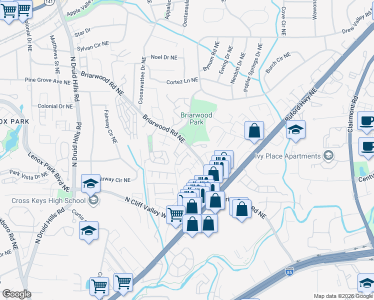 map of restaurants, bars, coffee shops, grocery stores, and more near 1406 Briarhaven Trail in Atlanta