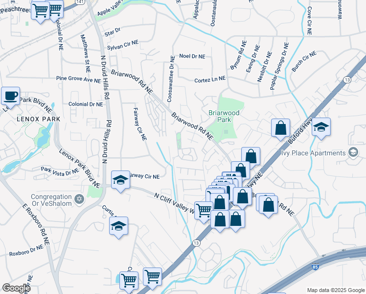 map of restaurants, bars, coffee shops, grocery stores, and more near 2143 Yancy Lane in Atlanta