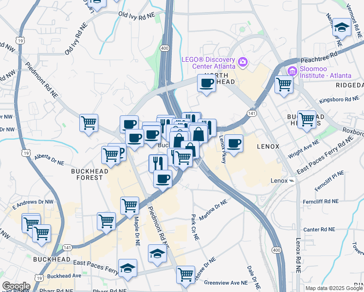 map of restaurants, bars, coffee shops, grocery stores, and more near 3348 Peachtree Road Northeast in Atlanta
