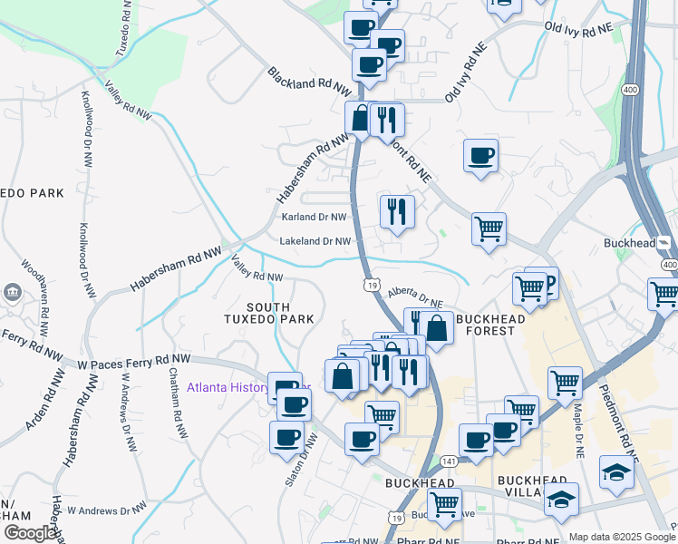 map of restaurants, bars, coffee shops, grocery stores, and more near 3385 Valley Road Northwest in Atlanta