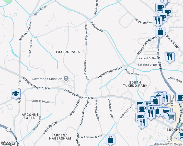 map of restaurants, bars, coffee shops, grocery stores, and more near 3358 Habersham Road Northwest in Atlanta
