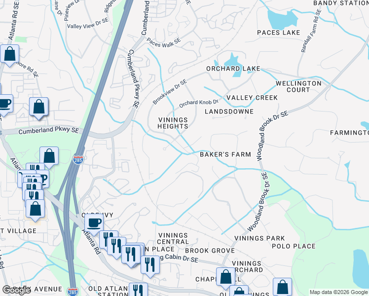 map of restaurants, bars, coffee shops, grocery stores, and more near 4355 Orchard Run Southeast in Atlanta