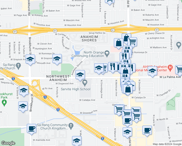 map of restaurants, bars, coffee shops, grocery stores, and more near 1128 North Voyager Lane in Anaheim