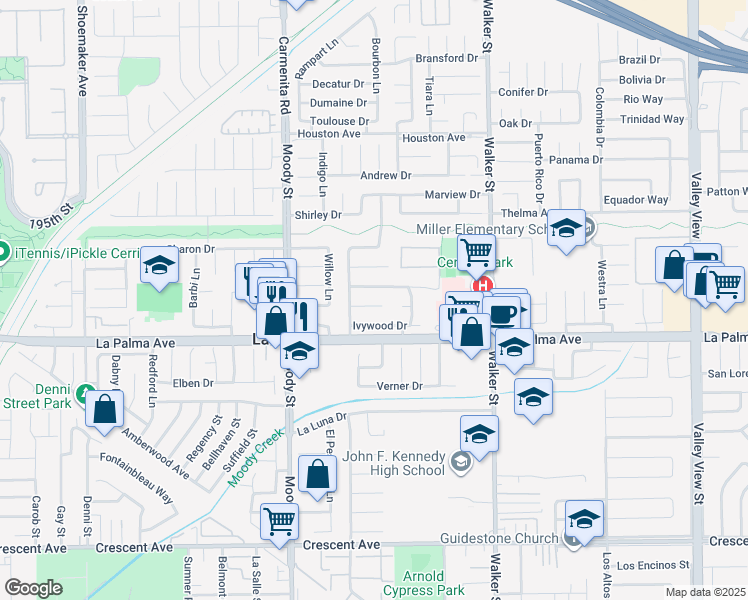 map of restaurants, bars, coffee shops, grocery stores, and more near 5198 Huntswood Circle in La Palma
