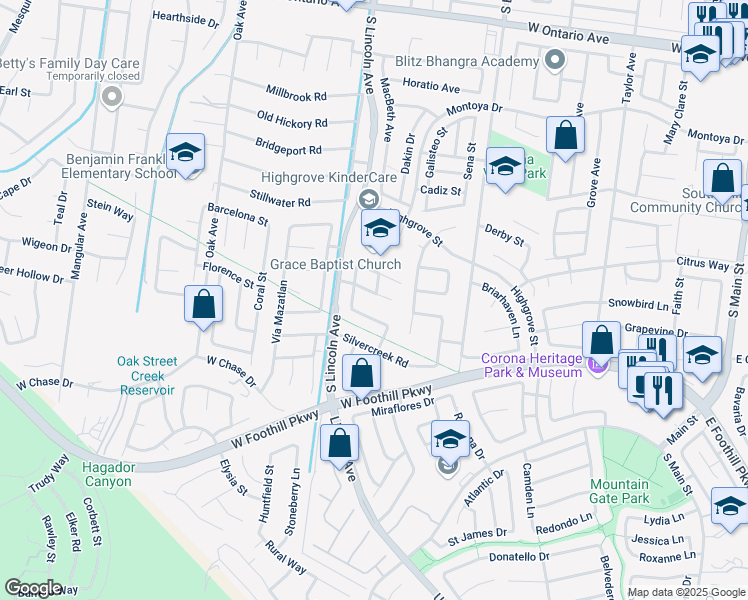 map of restaurants, bars, coffee shops, grocery stores, and more near 1042 Royal Oaks Circle in Corona